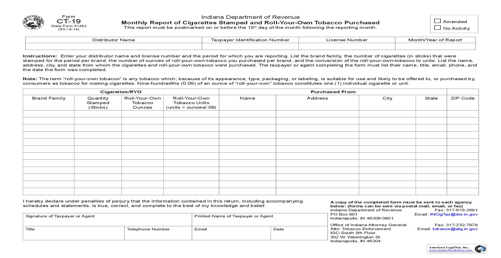 Monthly Report Of Cigarettes Stamped And Roll Your Own Tobacco Purchased {CT-19} |  | Indiana