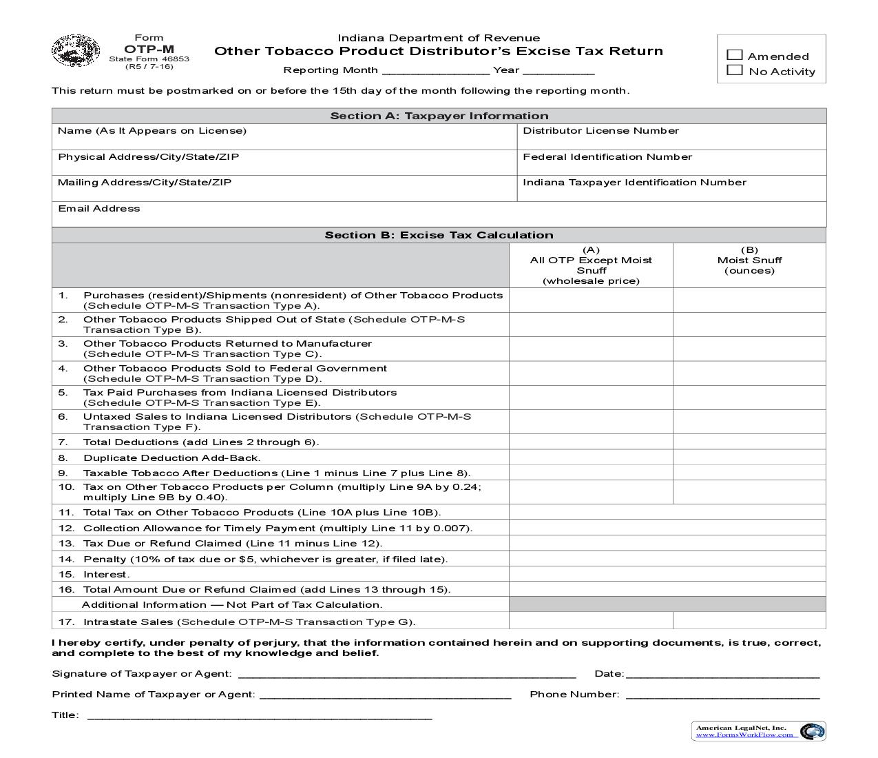 Other Tobacco Product Distributors Excise Tax Return {OPT-M} |  | Indiana