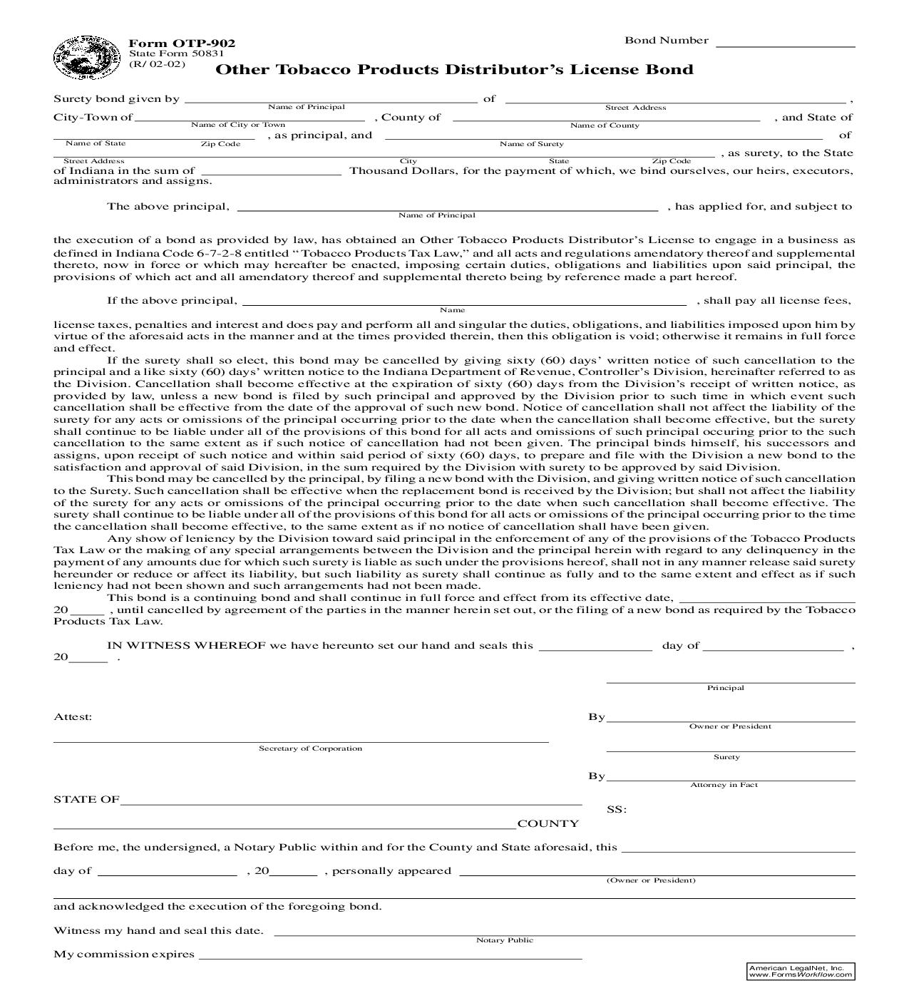Other Tobacco Products Distributors License Bond {OTP-902} |  | Indiana