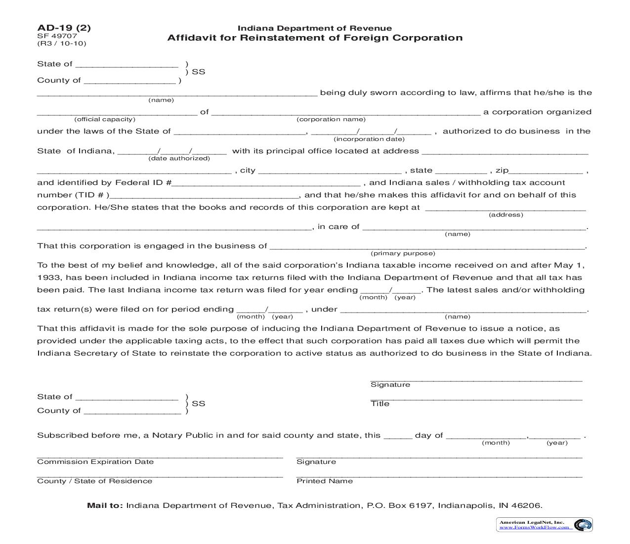 Affidavit For Reinstatement Of Foreign Corporation {AD-19(2)} |  | Indiana
