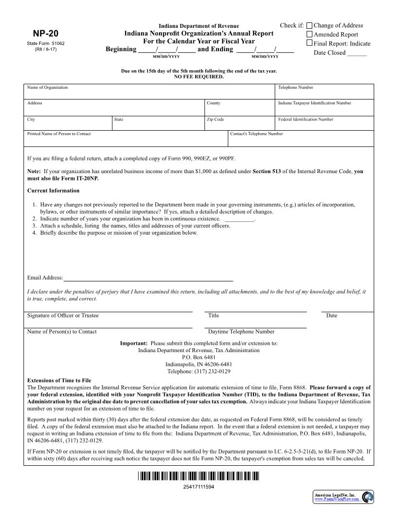 Indiana Nonprofit Organizations Annual Report {NP-20} |  | Indiana