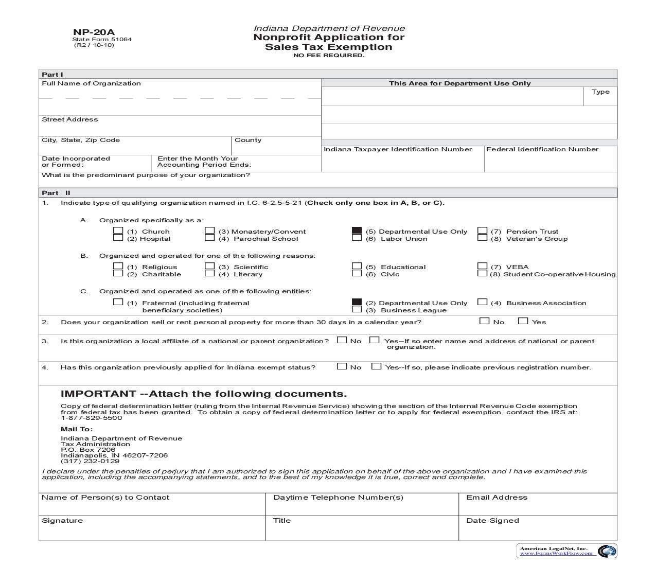 Nonprofit Application For Sales Tax Exemption {NP-20A} |  | Indiana