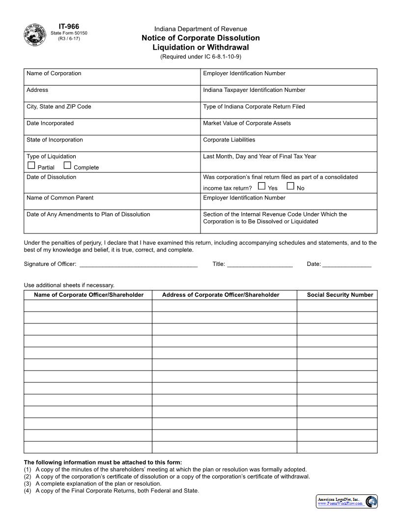 Notice Of Corporate Dissolution Liquidation Or Withdrawal {IT-966} |  | Indiana