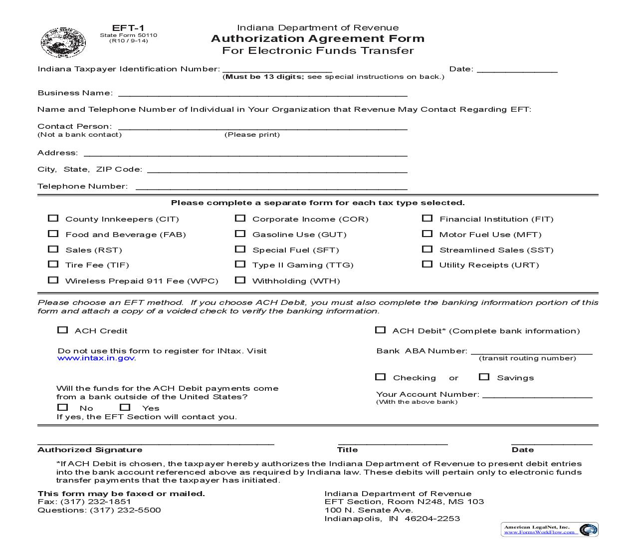 Authorization Agreement Form For Electronic Funds Transfer {EFT-1} |  | Indiana