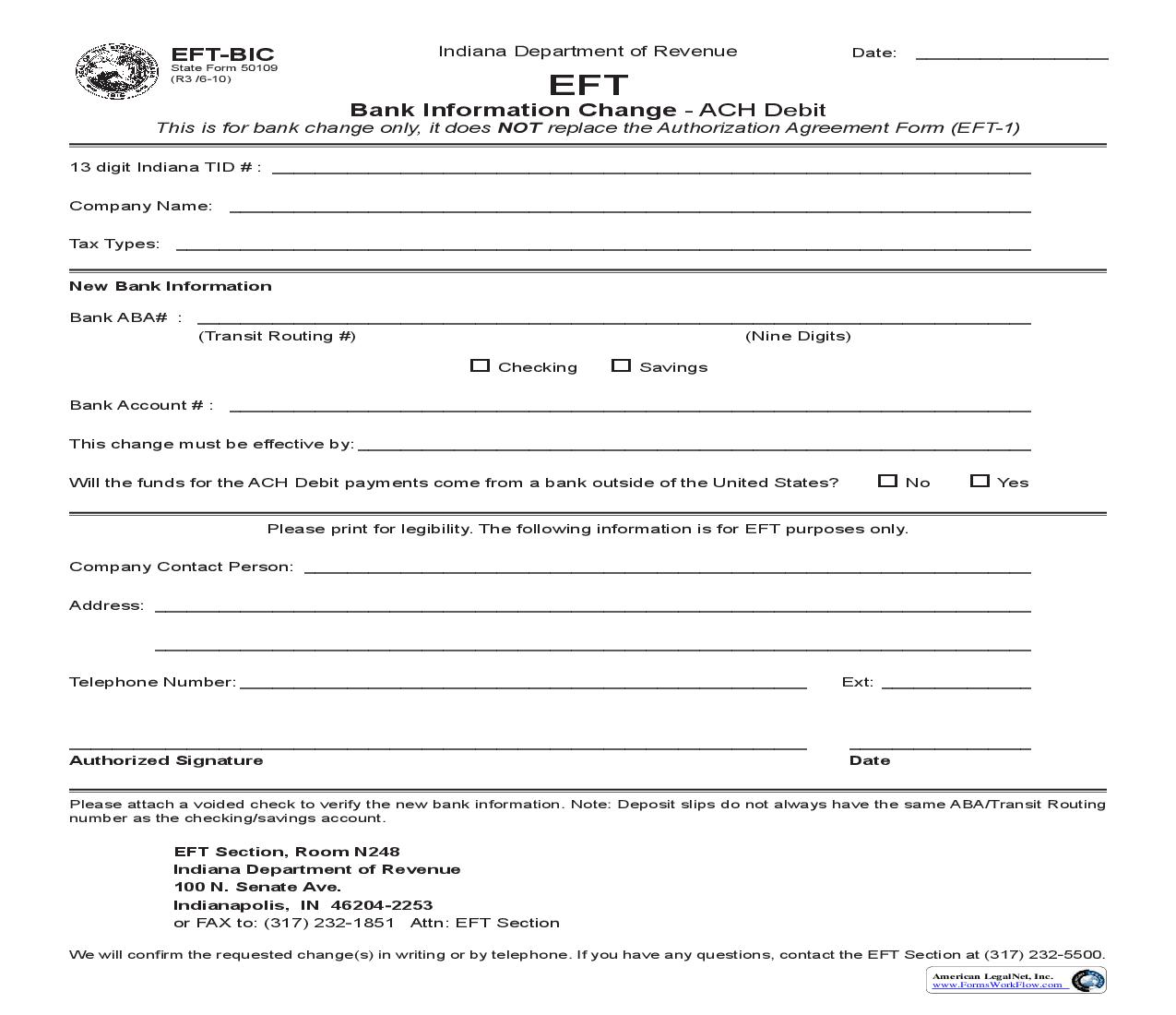 Bank Information Change {EFT-BIC} |  | Indiana