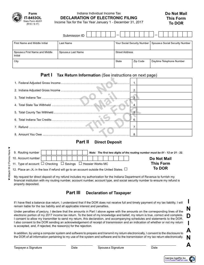 Declaration Of Electronic Filing {IT-8453OL} |  | Indiana