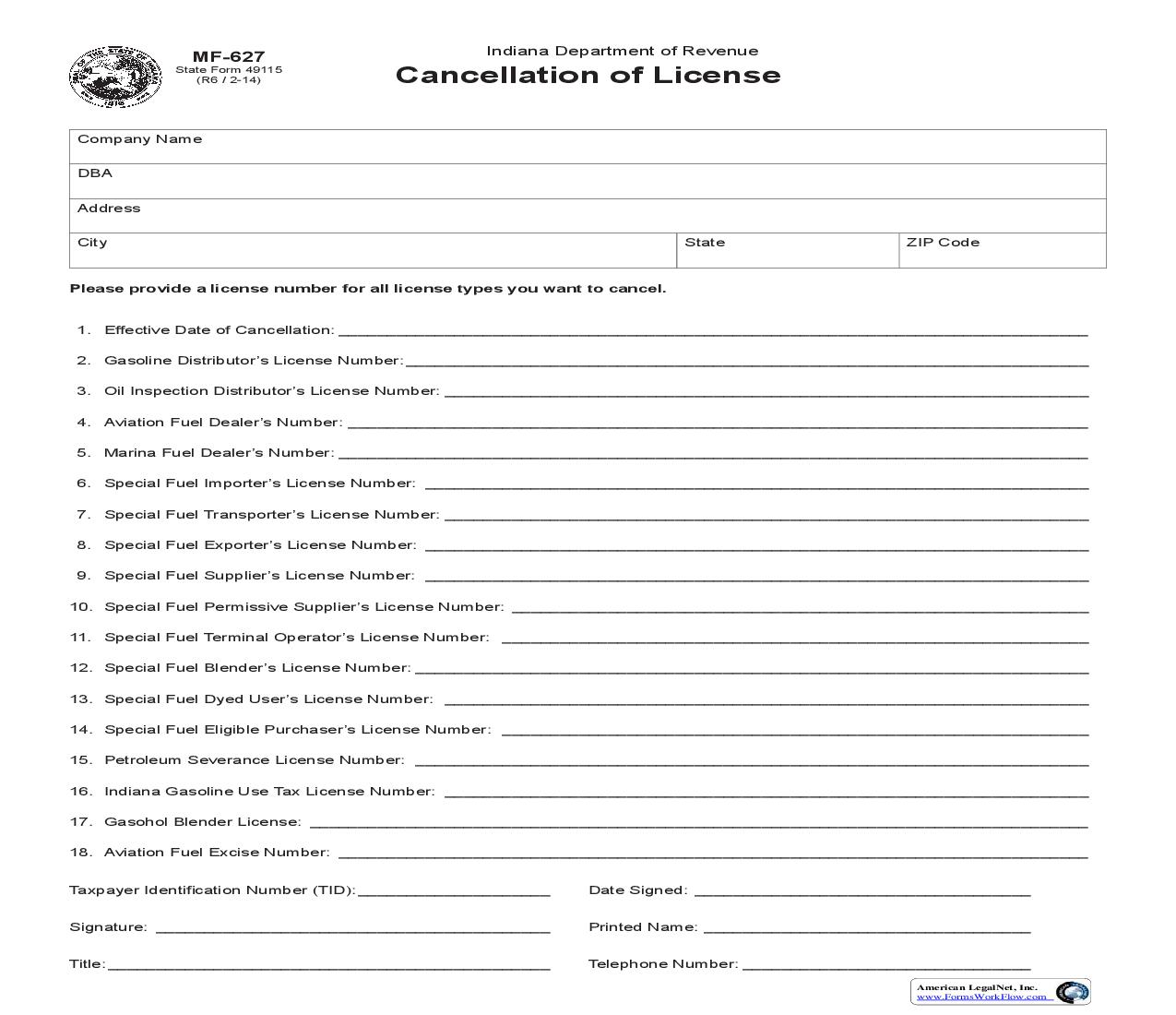 Cancellation Of License {MF-627} |  | Indiana