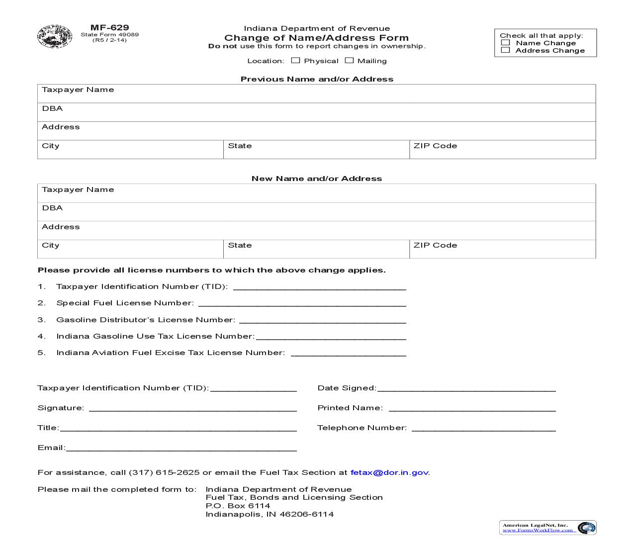 Change Of Name Address Form {MF-629} |  | Indiana