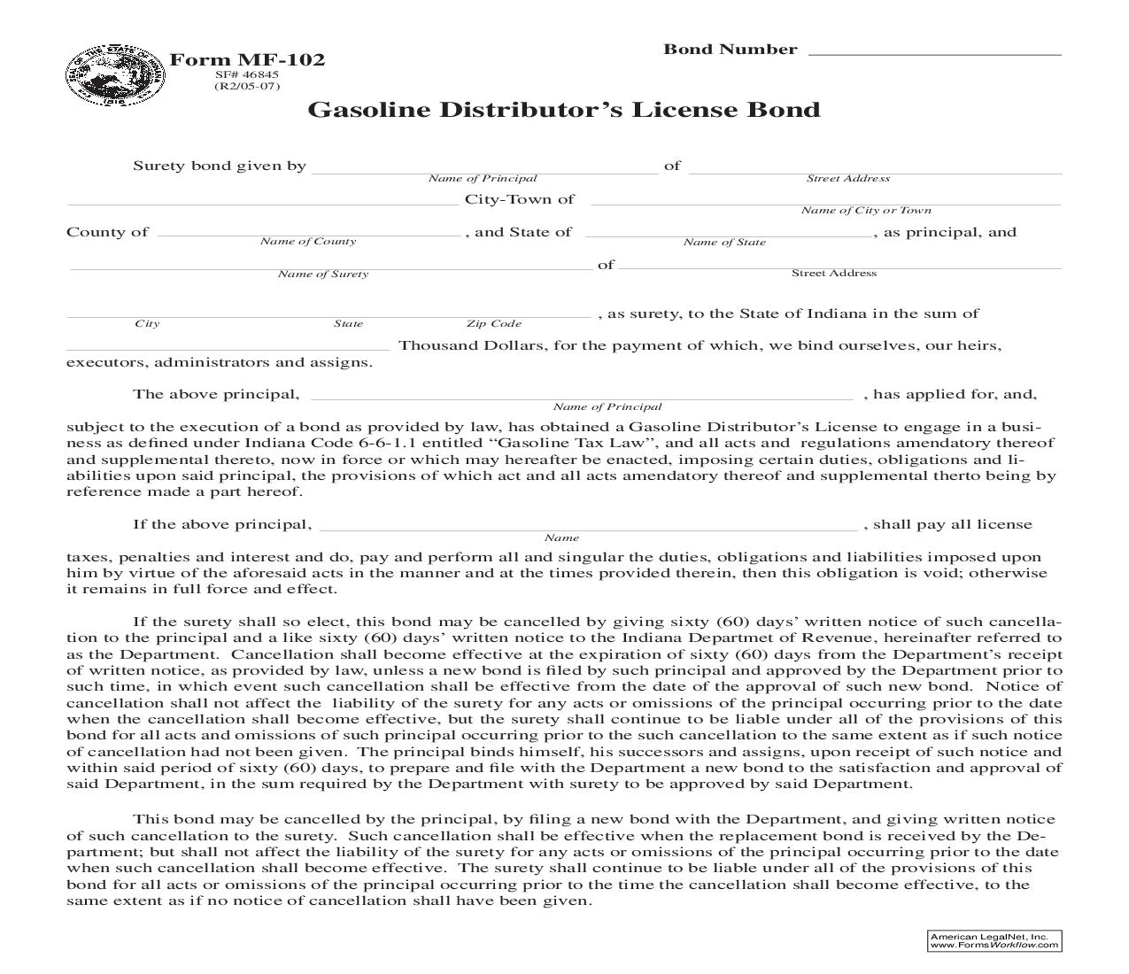 Gasoline Distributors License Bond {MF-102} |  | Indiana