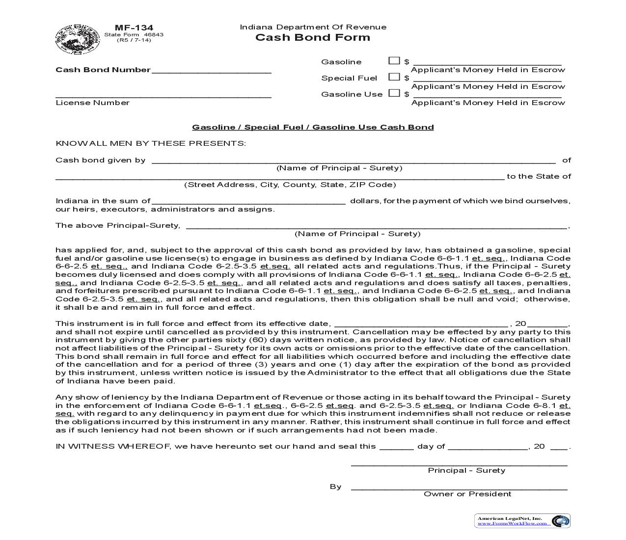 Gasoline Special Fuel Cash Bond {MF-134} |  | Indiana