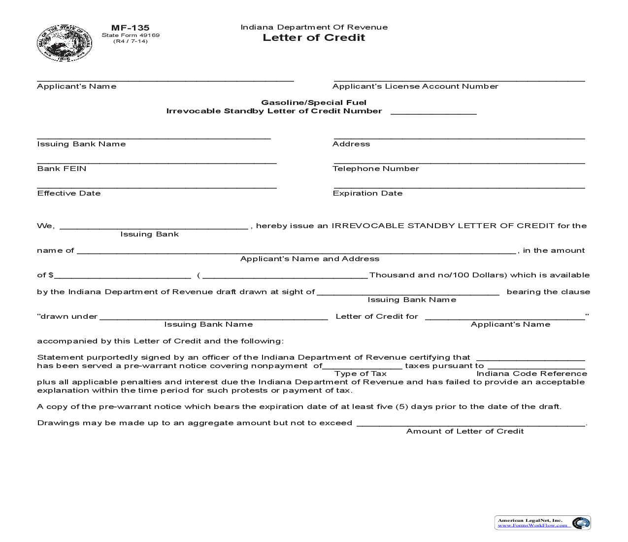 Gasoline Special Fuel Irrevocable Standby Letter Of Credit {MF-135} |  | Indiana