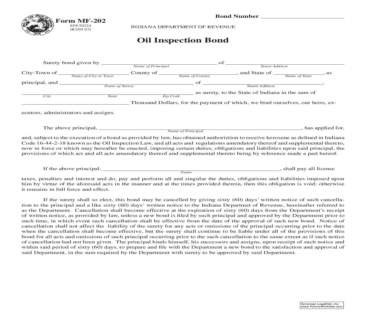 Oil Inspection Bond {MF-202} |  | Indiana