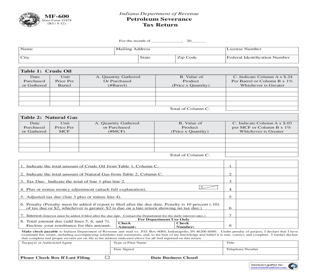 Petroleum Severance Tax Return {MF-600} |  | Indiana