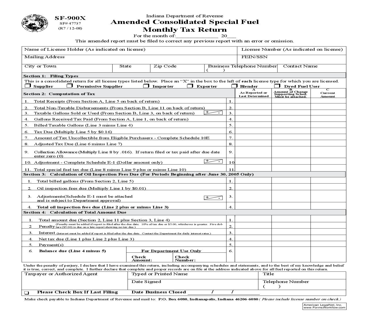 Amended Consolidated Special Fuel Monthly Tax Return {SF-900X} |  | Indiana