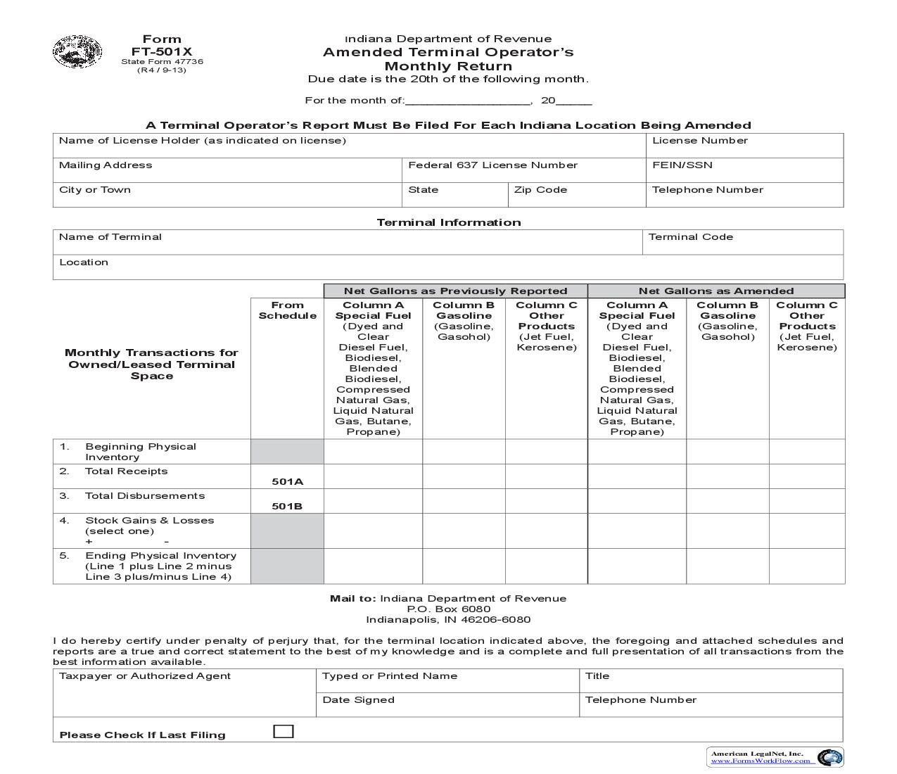 Amended Terminal Operators Monthly Return {FT-501X} |  | Indiana