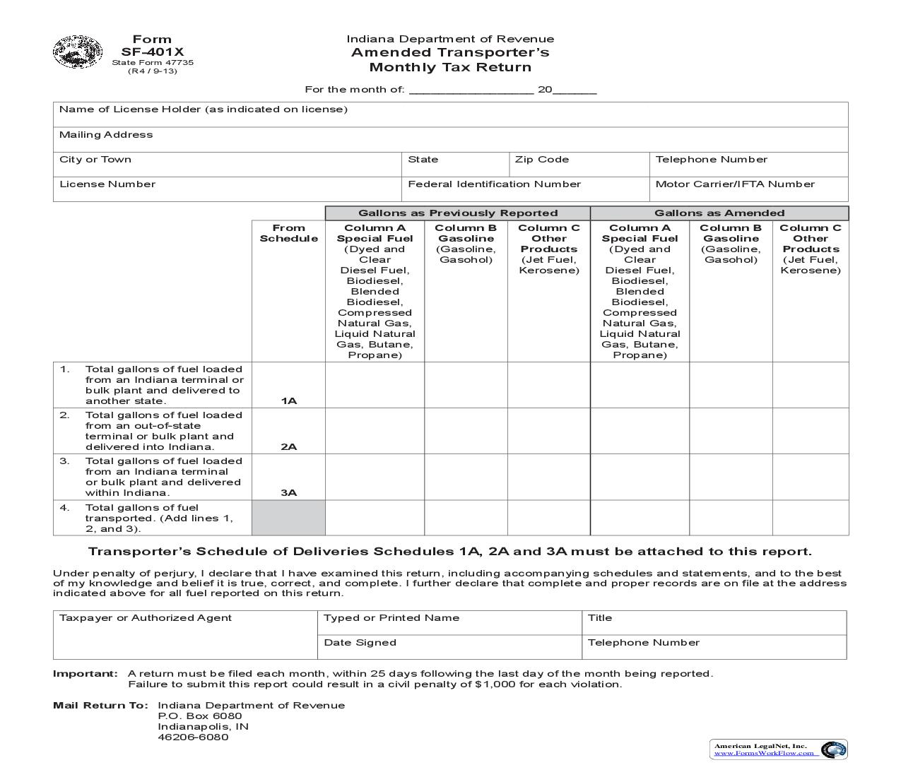 Amended Transporters Monthly Tax Report {SF-401X} |  | Indiana