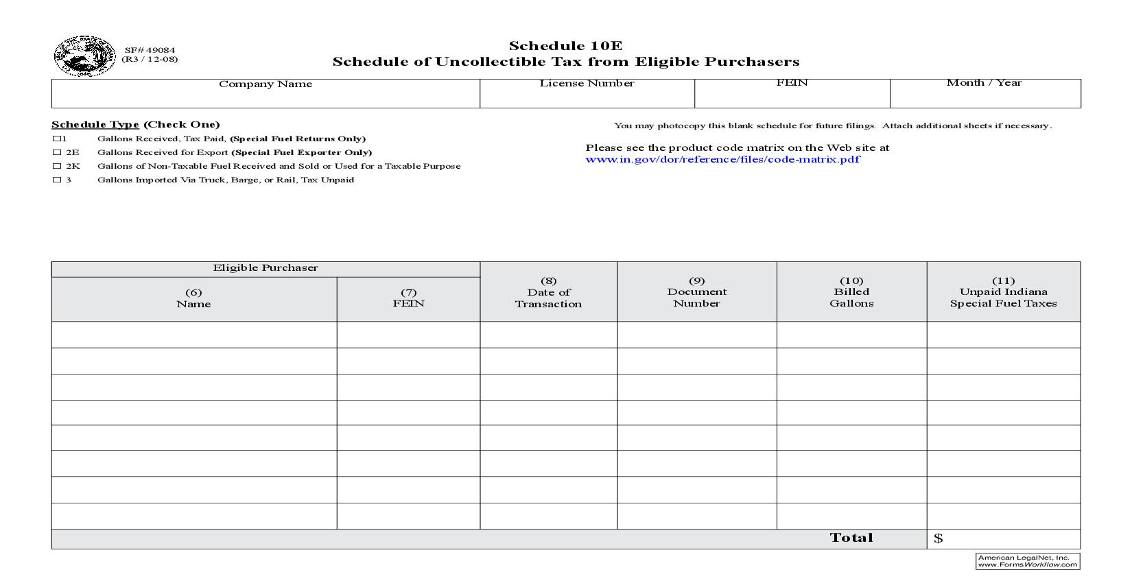 Schedule Of Uncollectable Tax From Eligible Purchasers {Schedule 10E} |  | Indiana