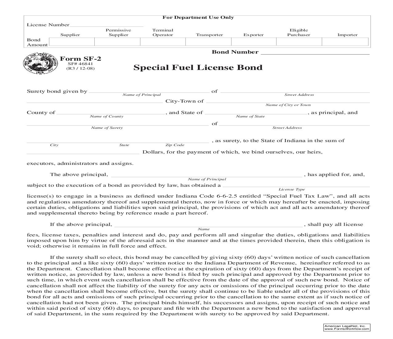 Special Fuel License Bond {SF-2} |  | Indiana