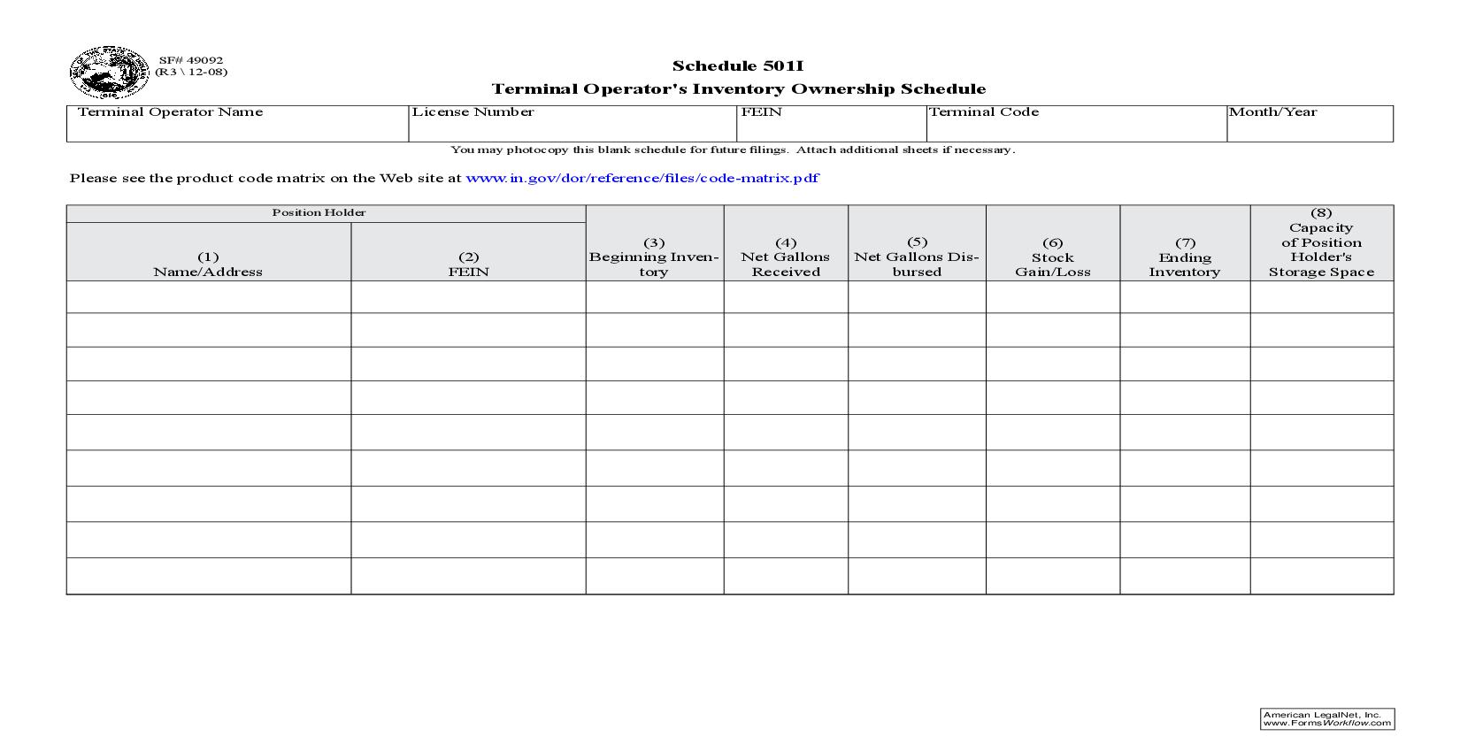 Terminal Operators Inventory Ownership Schedule {Schedule 501I} |  | Indiana