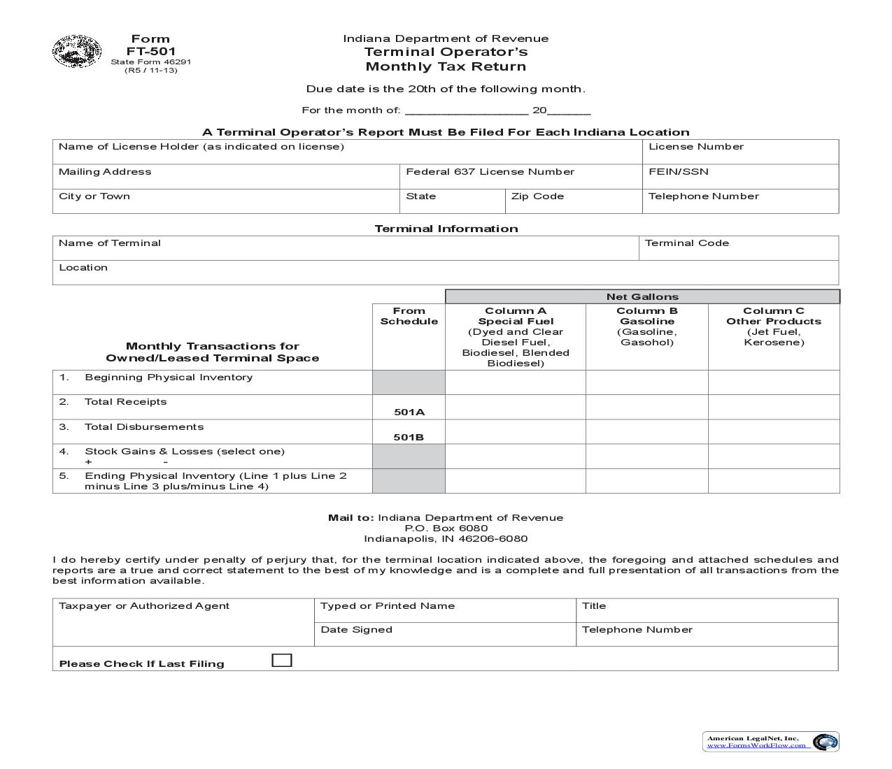 Terminal Operators Monthly Tax Return {FT-501} |  | Indiana