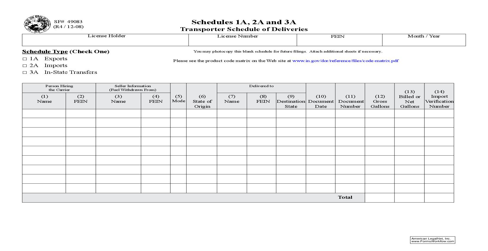 Transporter Schedule Of Deliveries {Schedules 1A-3A} |  | Indiana