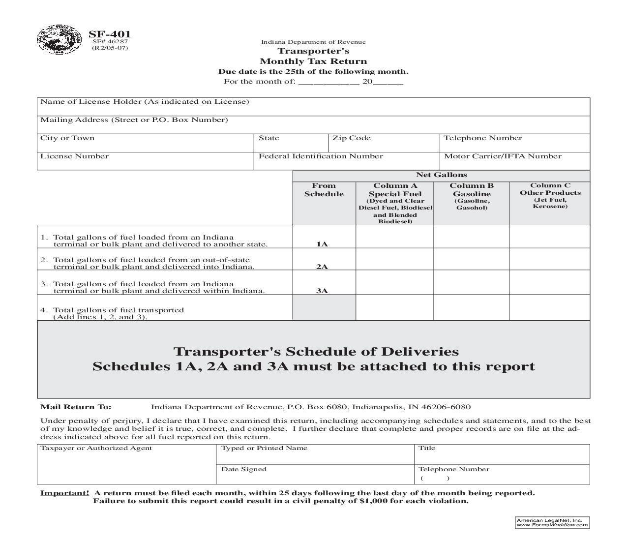 Transporters Monthly Tax Return {SF-401} |  | Indiana