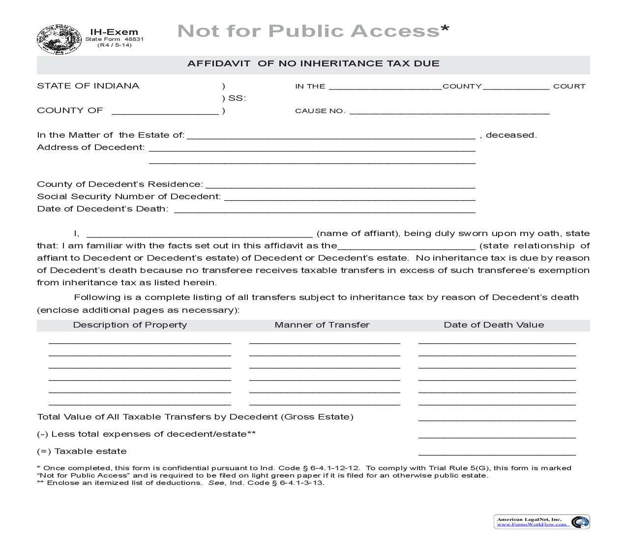 Affidavit Of No Inheritance Tax Due {IH-Exem} |  | Indiana