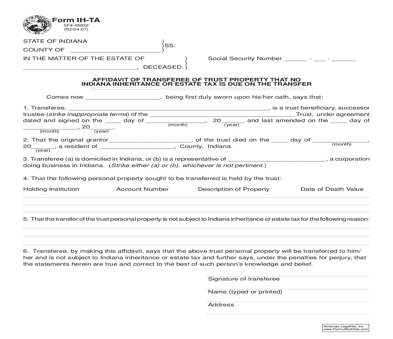 Affidavit Of Transferee Of Trust Property That No Indiana Inheritance Or Estate Tax Is Due On The Transfer {IH-TA} |  | Indiana