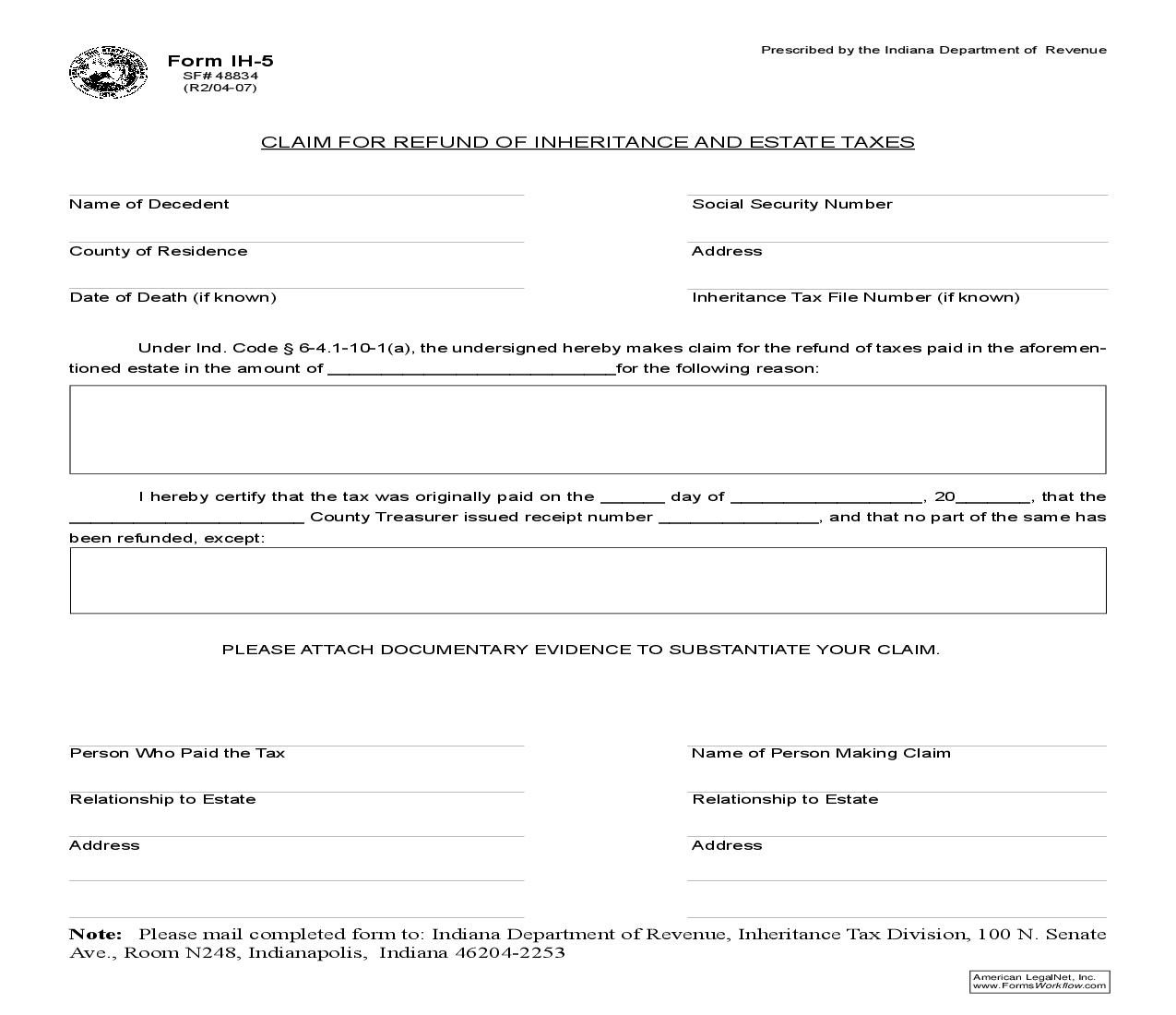 Claim For Refund Of Inheritance And Estate Taxes {IH-5} |  | Indiana