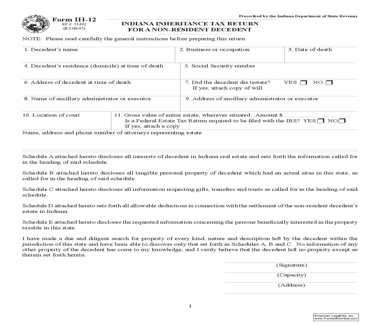 Indiana Inheritance Tax Return For A Non-Resident Decedent {IH-12} |  | Indiana