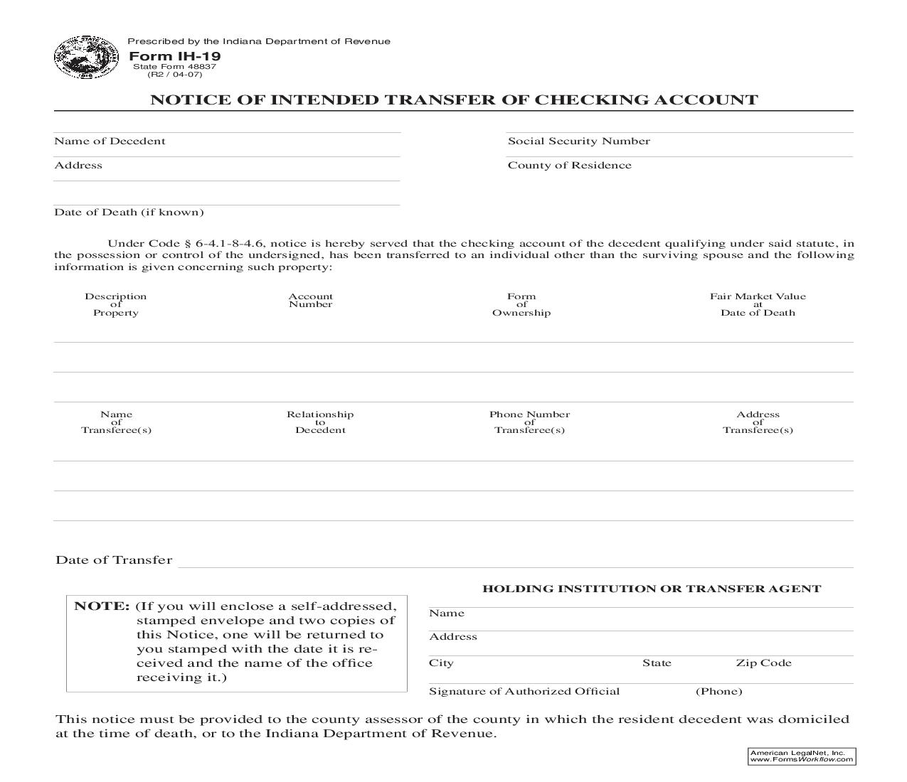 Notice Of Intended Transfer Of Checking Account {IH-19} |  | Indiana