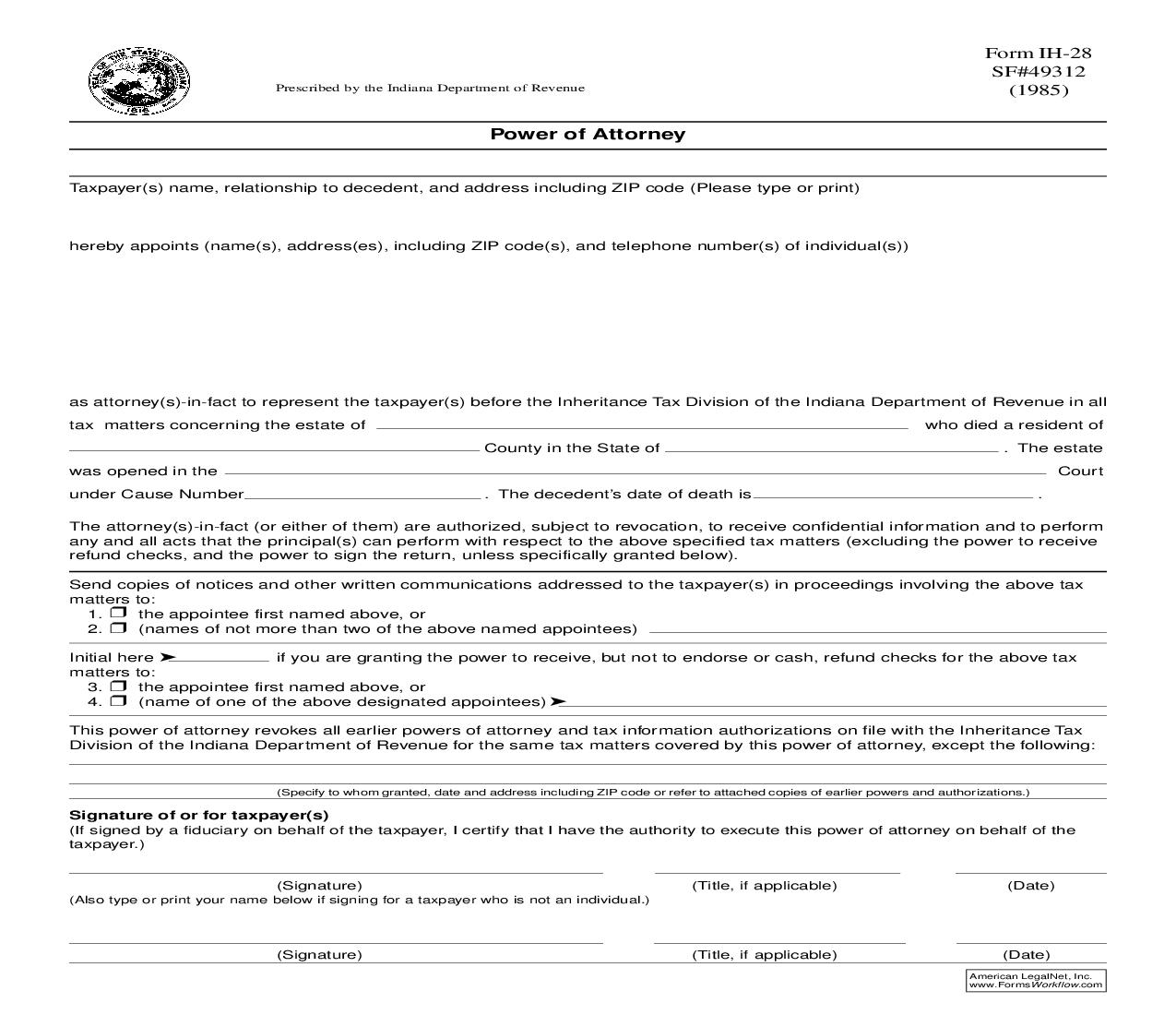 Power Of Attorney {IH-28} |  | Indiana
