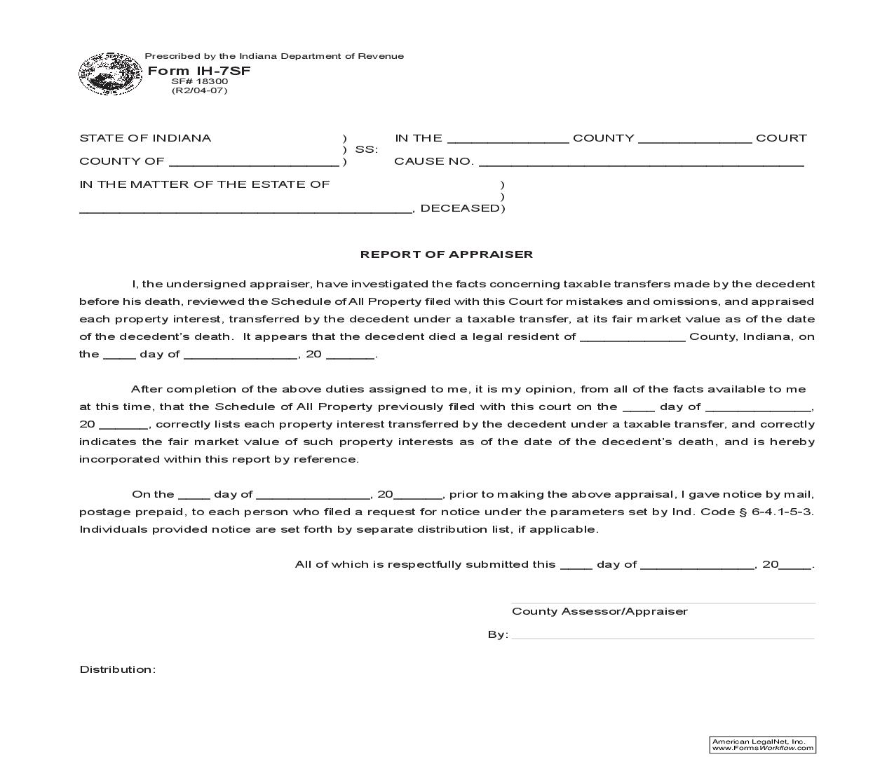 Report Of Appraiser {IH-7SF} |  | Indiana