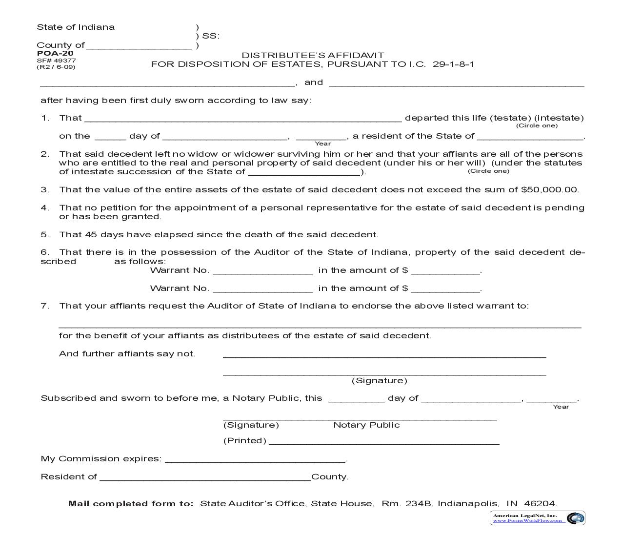 Distributees Affidavit For Disposition Of Estates {POA-20} |  | Indiana