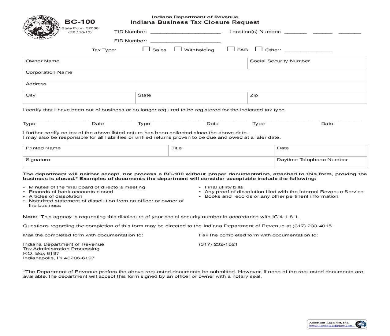 Indiana Business Tax Closure Request {BC-100} |  | Indiana