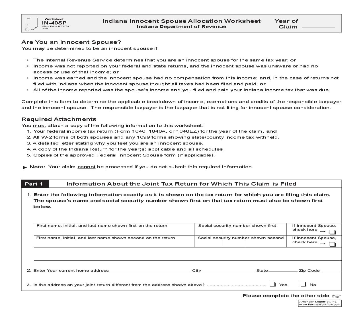 Indiana Innocent Spouse Allocation Worksheet {IN-40SP} |  | Indiana