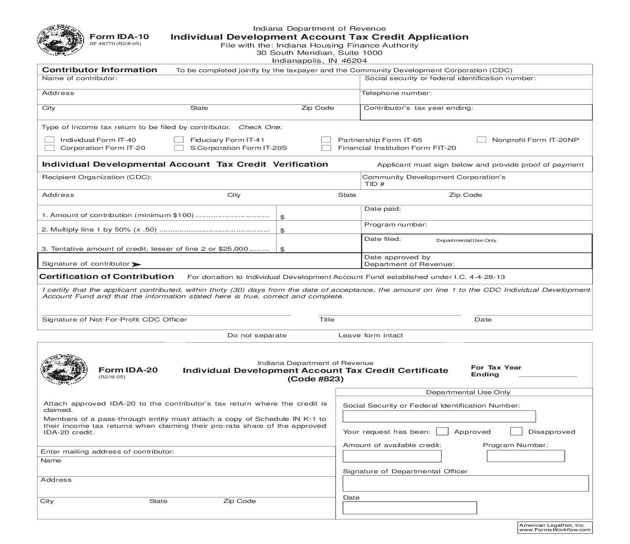 Individual Development Account Tax Credit Application {IDA-10} |  | Indiana