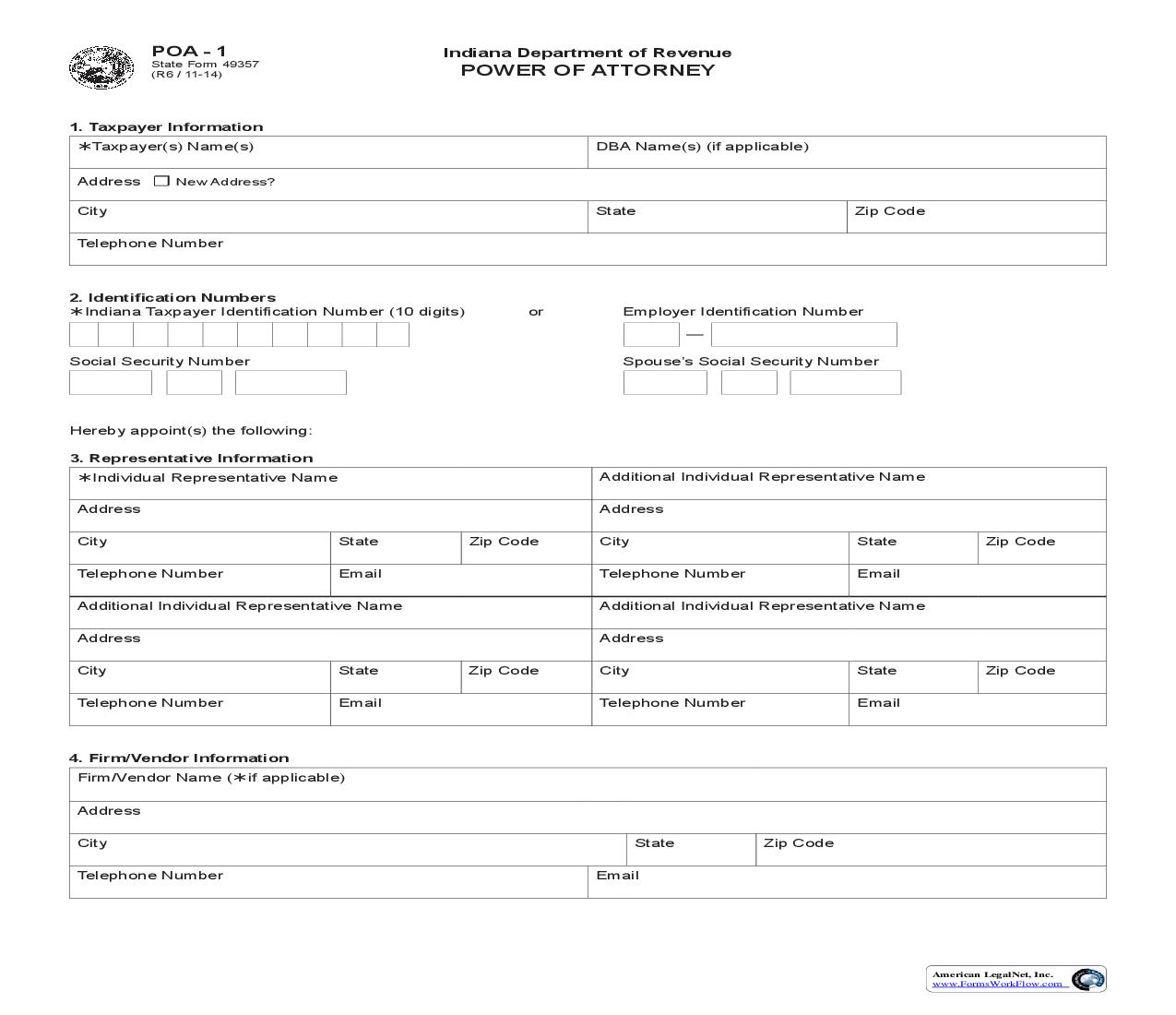 Power Of Attorney POA-1 (DoR) {49357} | Pdf Fpdf Doc Docx | Indiana