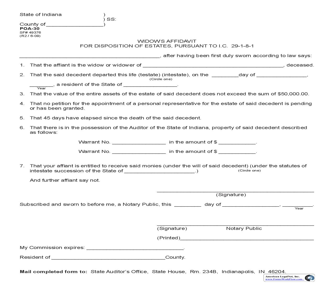 Widows Affidavit For Disposition Of Estates {POA-30} |  | Indiana