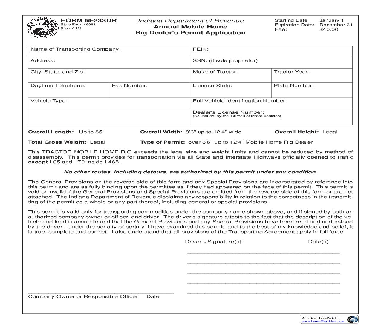 Annual Mobile Home Rig Dealers Permit Application {M-233DR} |  | Indiana