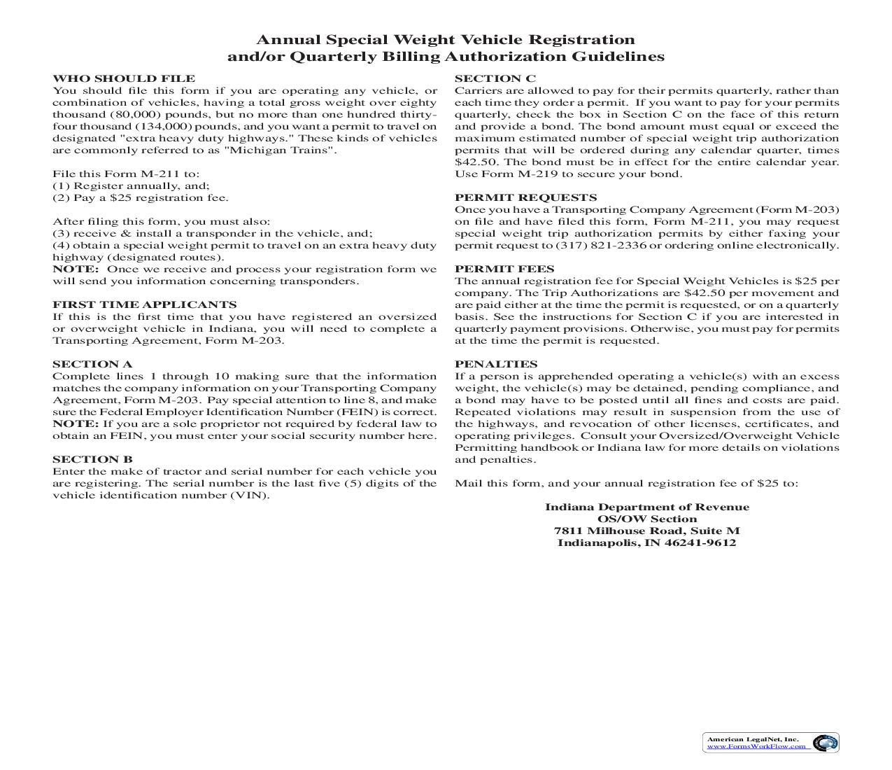 Annual Special Weight Vehicle Registration And Or Quarterly Billing Authorization Application {M-211} |  | Indiana
