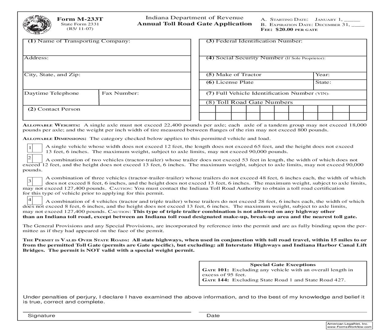 Annual Toll Road Gate Application {M-233T} |  | Indiana
