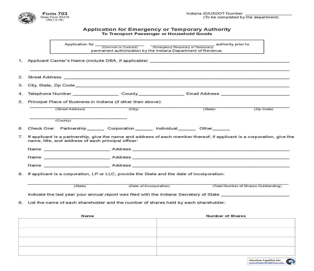 Application For Emergency Or Temporary Authority To Transport Passenger Or Household Goods {703} |  | Indiana