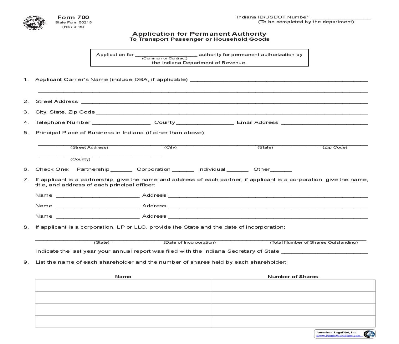 Application For Permanent Authority To Transport Passenger Or Household Goods {700} |  | Indiana