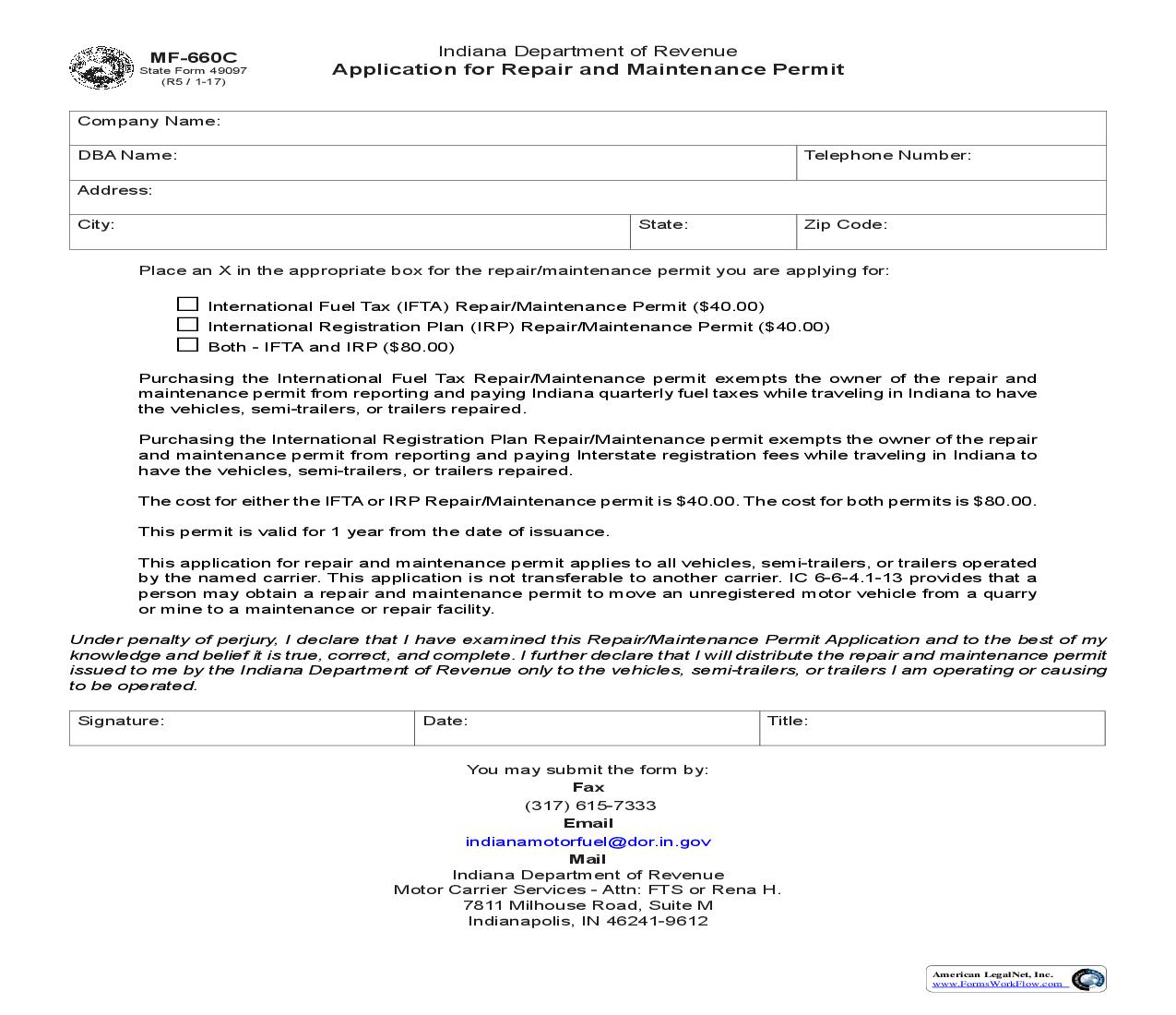 Application For Repair And Maintenance Permit {MF-660C} |  | Indiana
