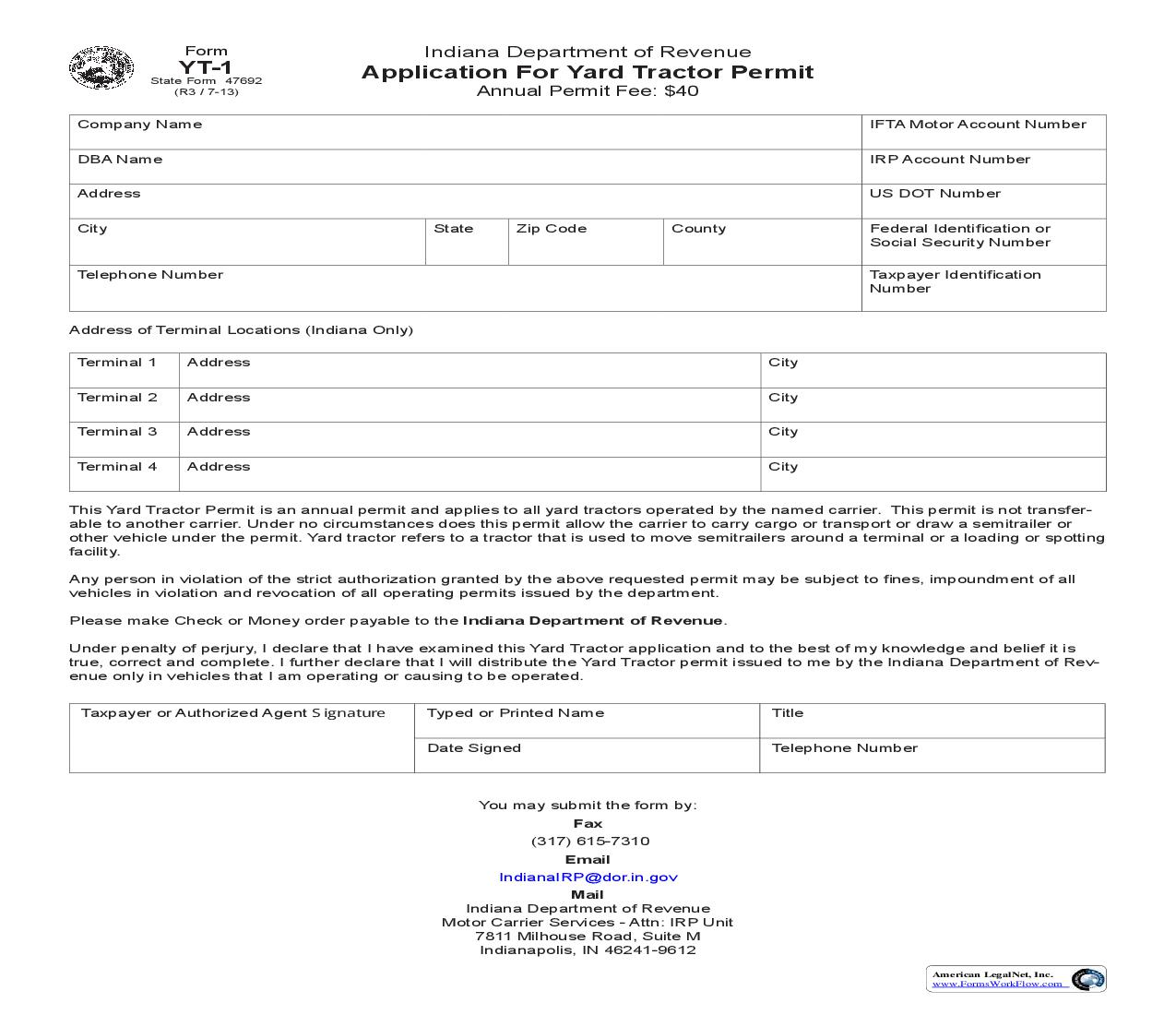 Application For Yard Tractor Permit {YT-1} |  | Indiana