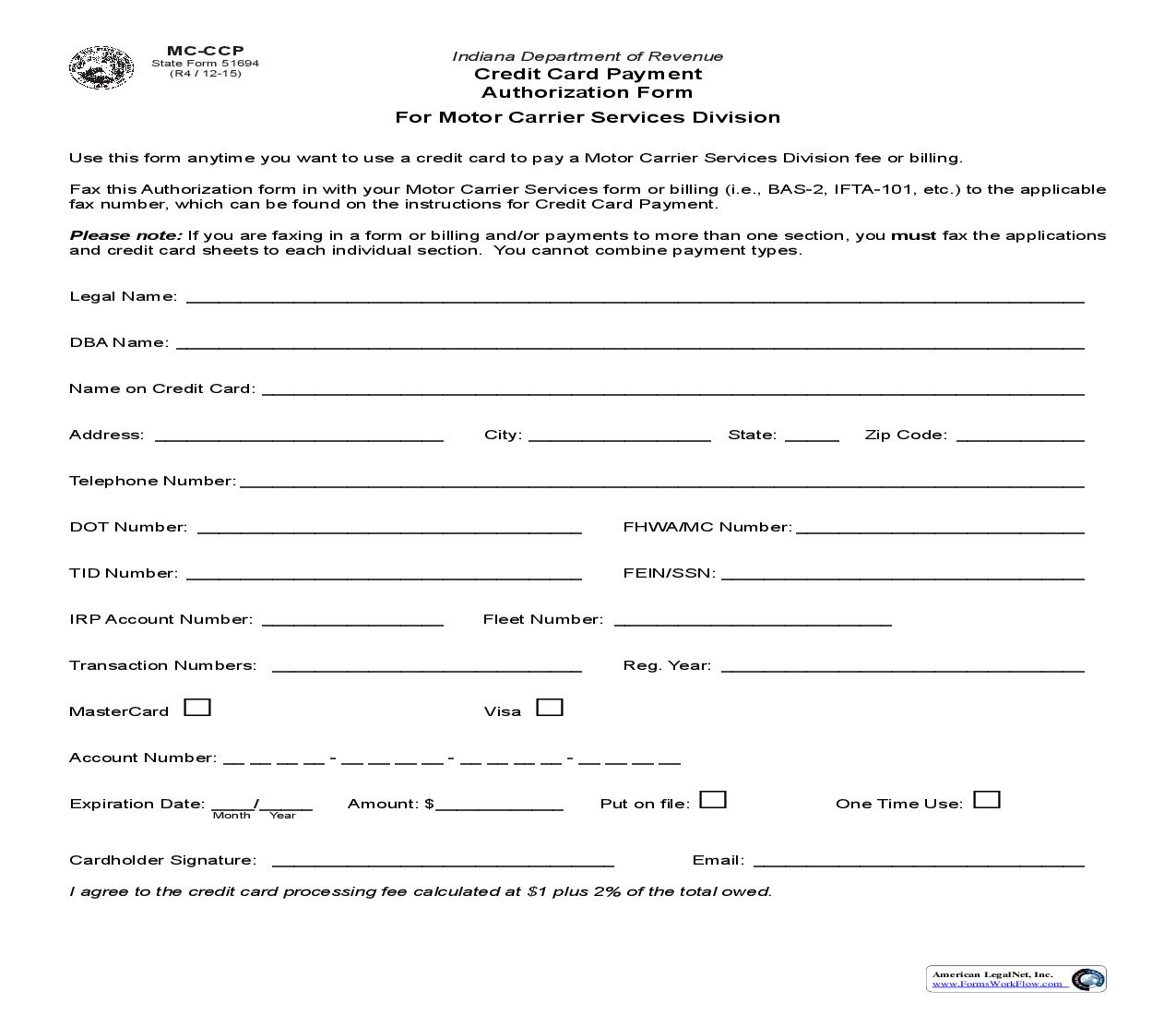 Credit Card Payment Authorization Form For Motor Carrier Services Division {MC-CCP} |  | Indiana