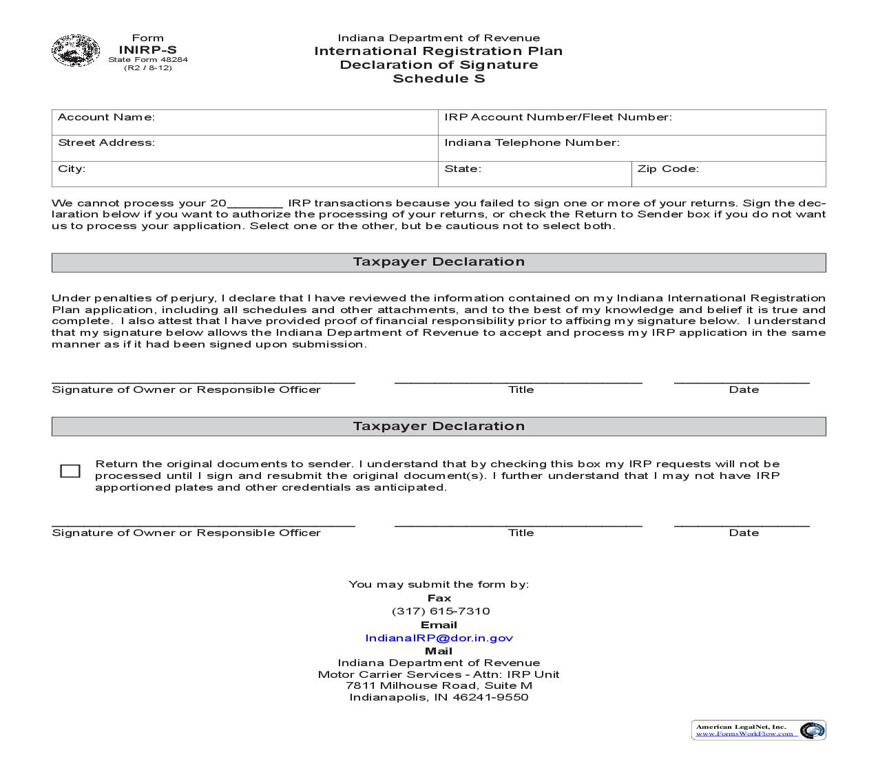 Declaration Of Signature (Schedule S) {INIRP-S} |  | Indiana