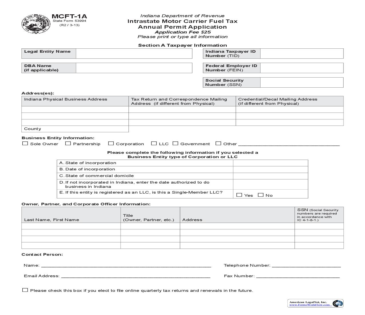Intrastate Motor Carrier Fuel Tax Annual Permit Application {MCFT-1A} |  | Indiana