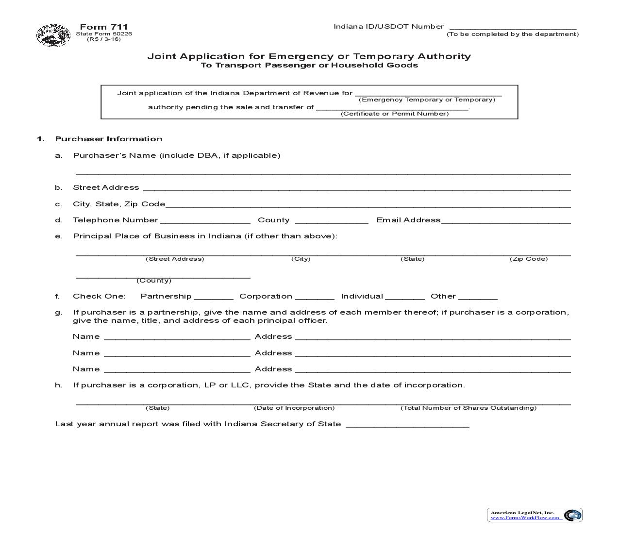 Joint Application For Emergency Or Temporary Authority To Transport Passenger Or Household Goods {711} |  | Indiana